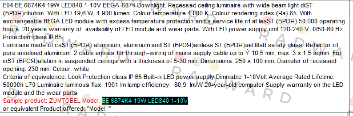 Zumtobel-BE 6874K4 19W LED840 1-10V  price