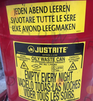 Justrite-Both labels for OILY WASTE CAN PAT.NO. 1,754,802  price